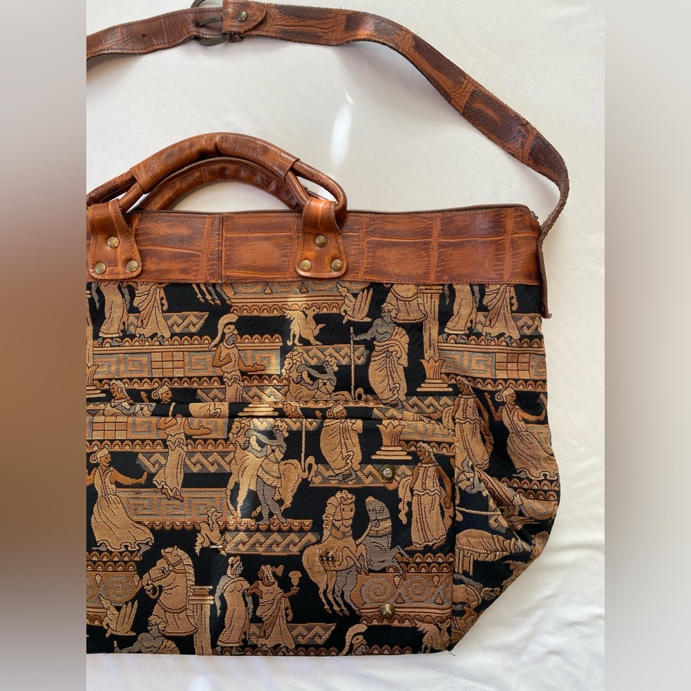 Woven Tapestry Shoulder Bag with Brown Leather Trim - Picture 9 of 16
